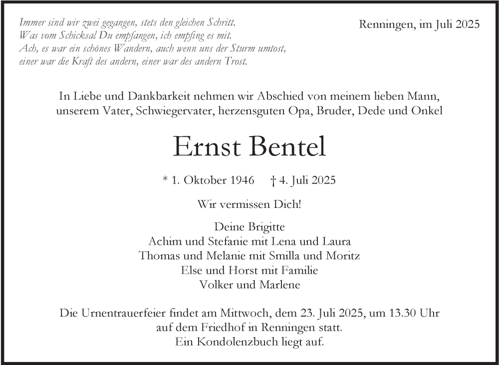  Traueranzeige für Ernst Bentel vom 12.07.2025 aus Leonberger Kreiszeitung / Strohgäu Extra