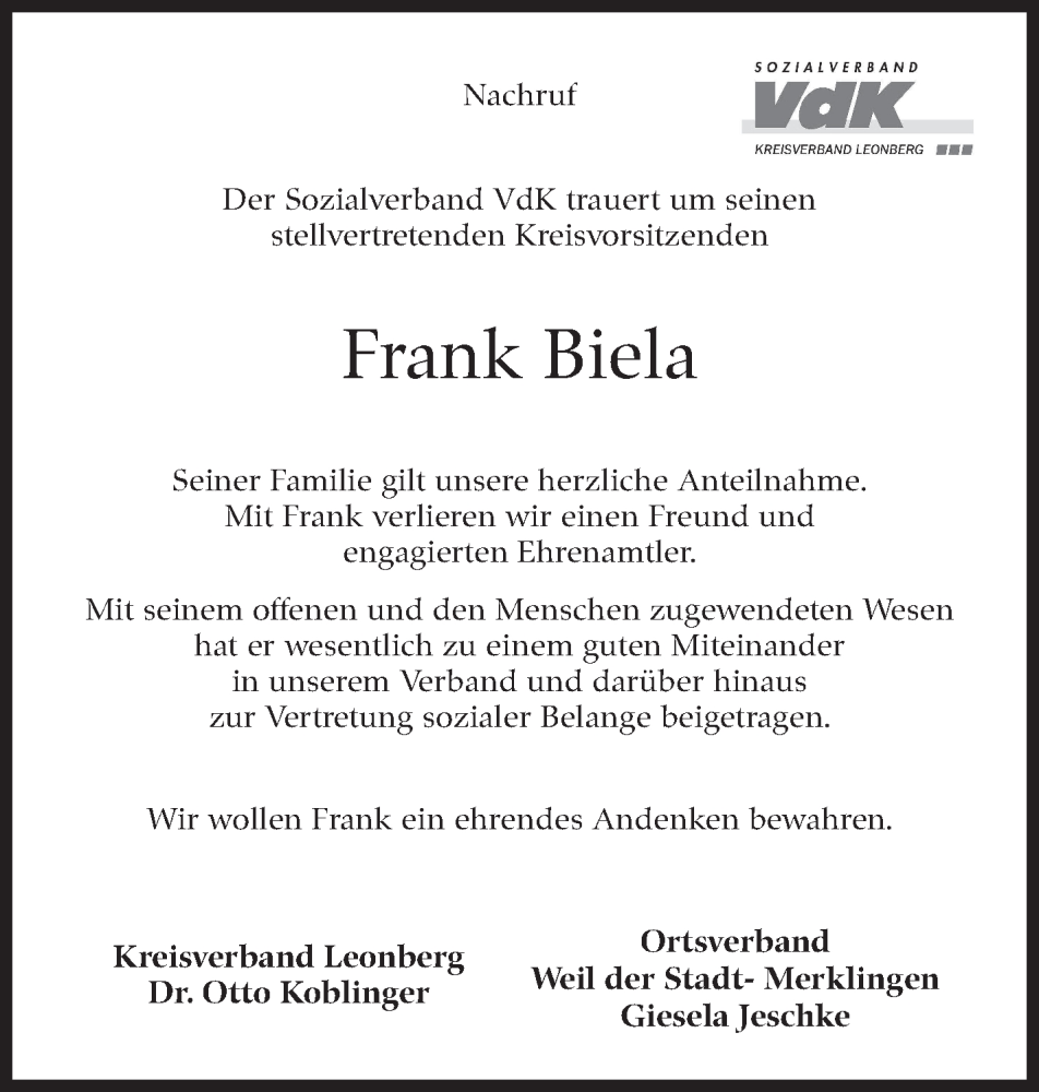  Traueranzeige für Frank Biela vom 05.07.2025 aus Leonberger Kreiszeitung / Strohgäu Extra