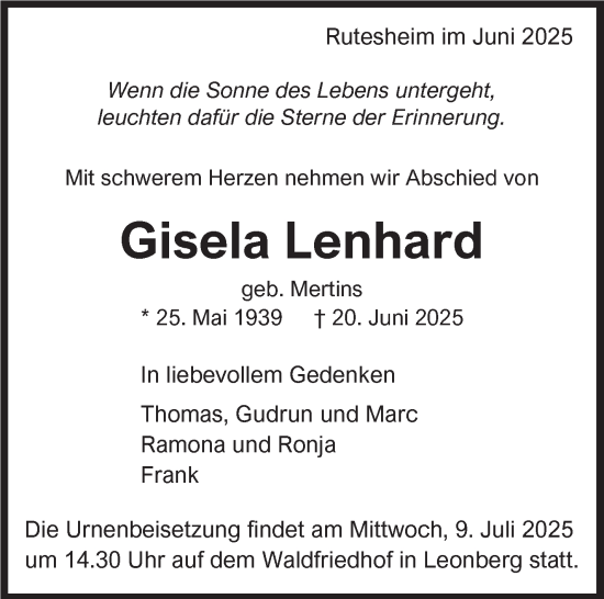 Traueranzeige von Gisela Lenhard von Leonberger Kreiszeitung / Strohgäu Extra