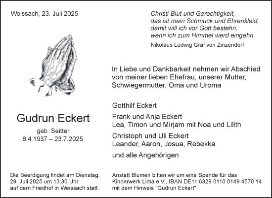 Traueranzeige von Gudrun Eckert von Leonberger Kreiszeitung / Strohgäu Extra