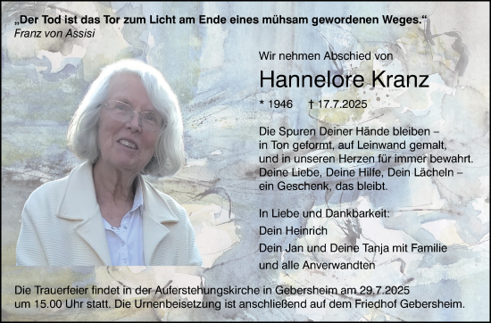 Traueranzeige von Hannelore Kranz von Leonberger Kreiszeitung / Strohgäu Extra