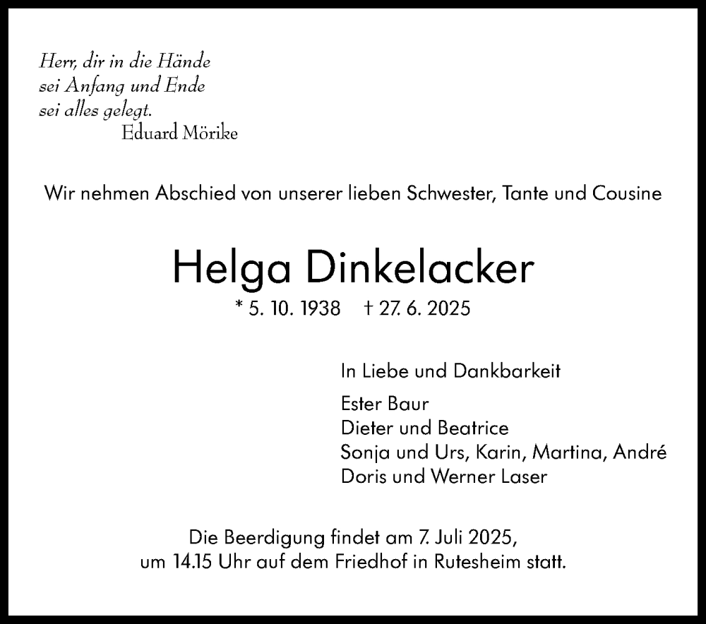  Traueranzeige für Helga Dinkelacker vom 07.07.2025 aus Leonberger Kreiszeitung / Strohgäu Extra