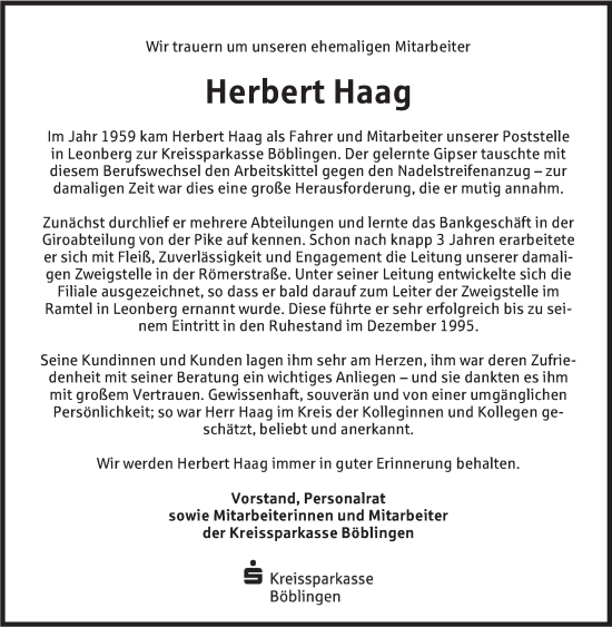 Traueranzeige von Herbert Haag von Leonberger Kreiszeitung / Strohgäu Extra