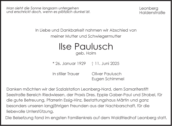 Traueranzeige von Ilse Paulusch von Leonberger Kreiszeitung / Strohgäu Extra
