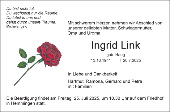 Traueranzeige von Ingrid Link von Leonberger Kreiszeitung / Strohgäu Extra