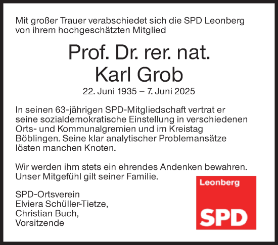 Traueranzeige von Karl Grob von Leonberger Kreiszeitung / Strohgäu Extra
