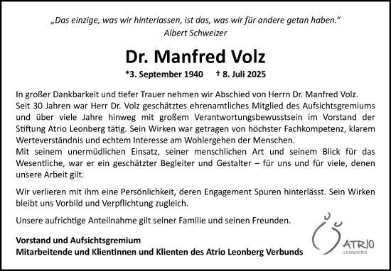 Traueranzeige von Manfred Volz von Leonberger Kreiszeitung / Strohgäu Extra