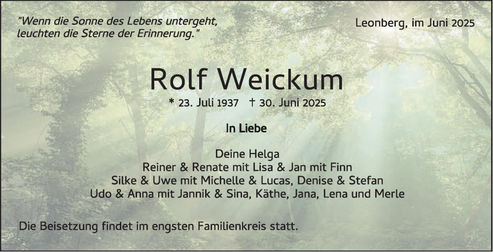  Traueranzeige für Rolf Weickum vom 05.07.2025 aus Leonberger Kreiszeitung / Strohgäu Extra