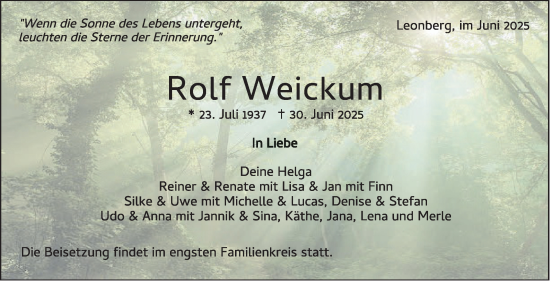 Traueranzeige von Rolf Weickum von Leonberger Kreiszeitung / Strohgäu Extra