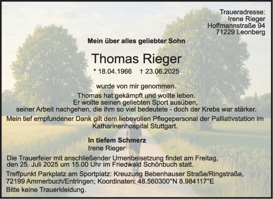 Traueranzeige von Thomas Rieger von Leonberger Kreiszeitung / Strohgäu Extra