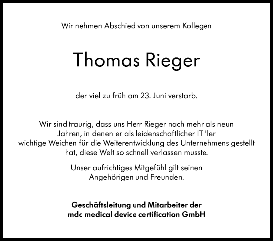 Traueranzeige von Thomas Rieger von Leonberger Kreiszeitung / Strohgäu Extra