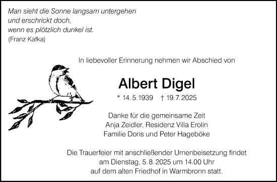 Traueranzeige von Albert Digel von Leonberger Kreiszeitung / Strohgäu Extra