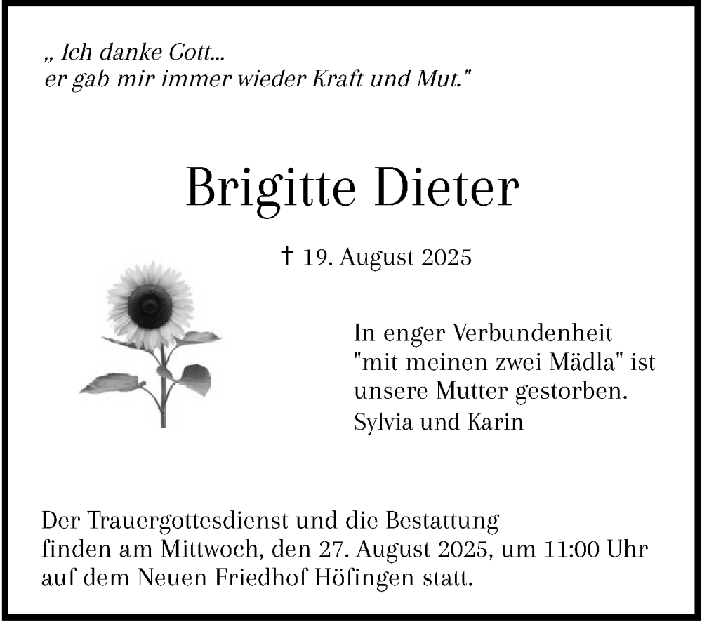  Traueranzeige für Brigitte Dieter vom 25.08.2025 aus Leonberger Kreiszeitung / Strohgäu Extra