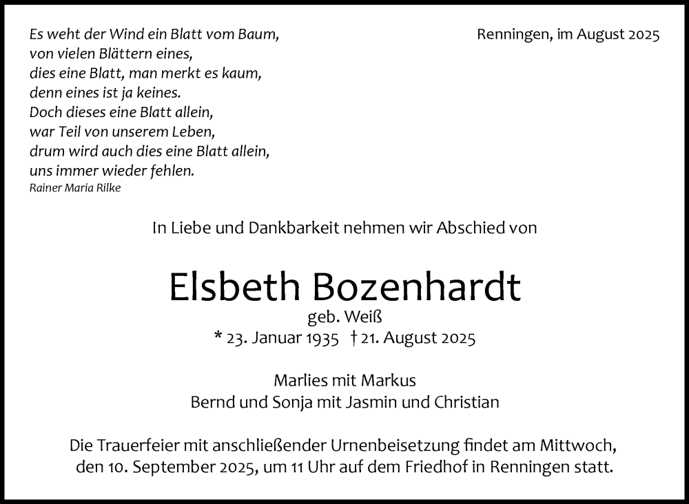  Traueranzeige für Elsbeth Bozenhardt vom 30.08.2025 aus Leonberger Kreiszeitung / Strohgäu Extra