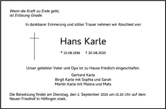 Traueranzeige von Hans Karle von Leonberger Kreiszeitung / Strohgäu Extra