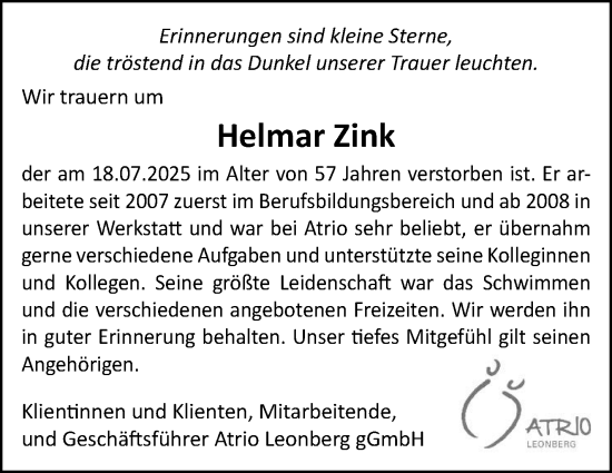 Traueranzeige von Helmar Zink von Leonberger Kreiszeitung / Strohgäu Extra