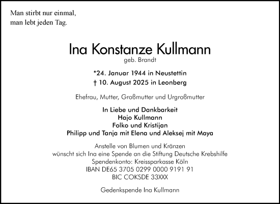 Traueranzeige von Ina Konstanze Kullmann von Leonberger Kreiszeitung / Strohgäu Extra
