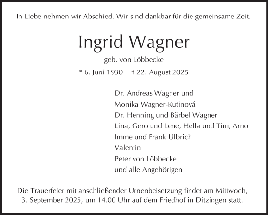 Traueranzeige von Ingrid Wagner von Leonberger Kreiszeitung / Strohgäu Extra