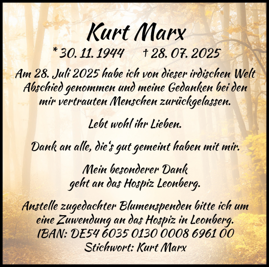 Traueranzeige von Kurt Marx von Leonberger Kreiszeitung / Strohgäu Extra
