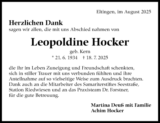 Traueranzeige von Leopoldine Hocker von Leonberger Kreiszeitung / Strohgäu Extra