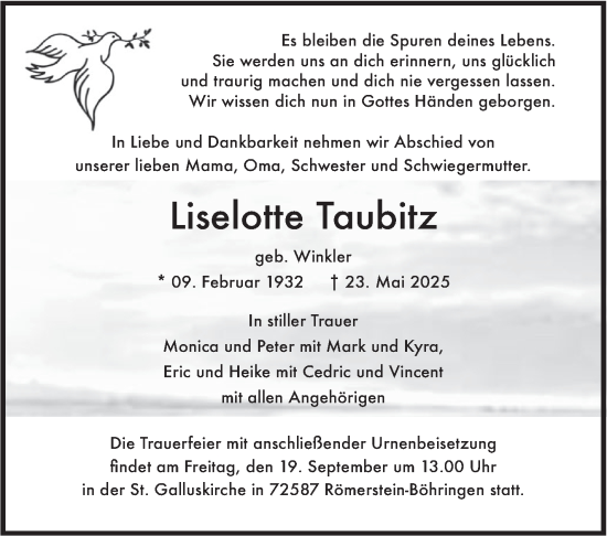 Traueranzeige von Liselotte Taubitz von Leonberger Kreiszeitung / Strohgäu Extra