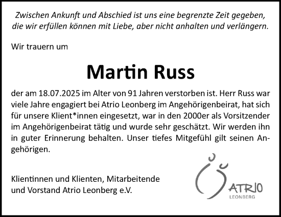 Traueranzeige von Martin Russ von Leonberger Kreiszeitung / Strohgäu Extra