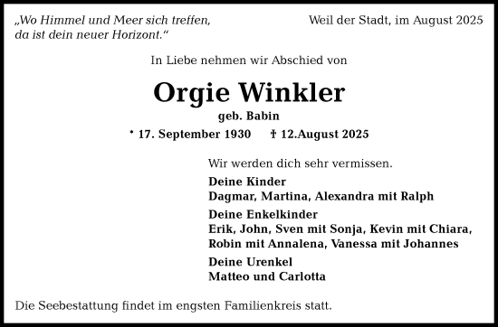 Traueranzeige von Orgie Winkler von Leonberger Kreiszeitung / Strohgäu Extra