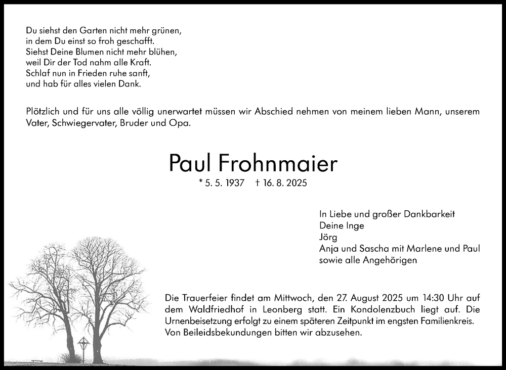 Traueranzeige für Paul Frohnmaier vom 22.08.2025 aus Leonberger Kreiszeitung / Strohgäu Extra
