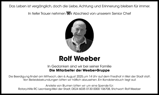 Traueranzeige von Rolf Weeber von Leonberger Kreiszeitung / Strohgäu Extra