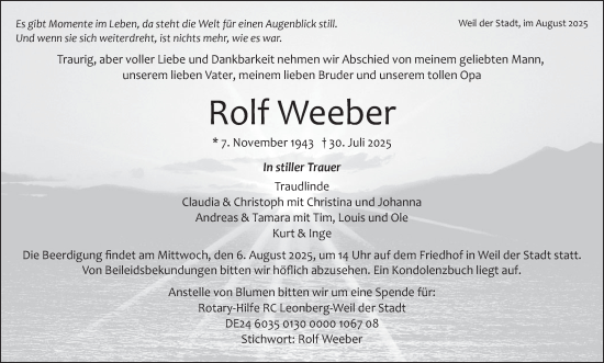 Traueranzeige von Rolf Weeber von Leonberger Kreiszeitung / Strohgäu Extra