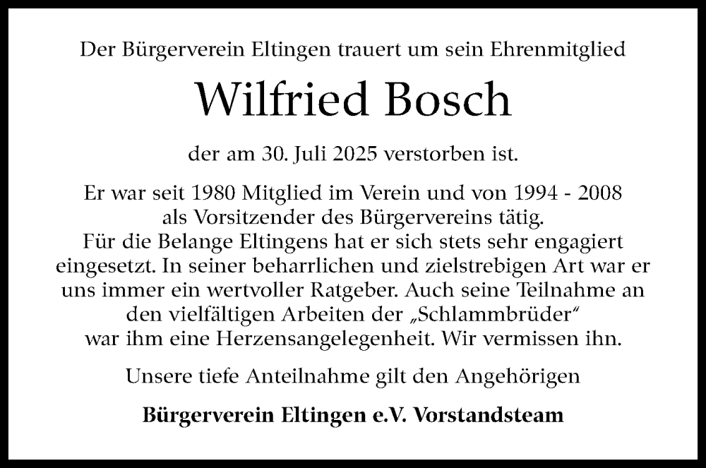  Traueranzeige für Wilfried Bosch vom 06.08.2025 aus Leonberger Kreiszeitung / Strohgäu Extra