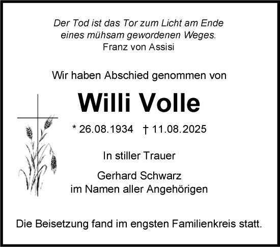 Traueranzeige von Willi Volle von Leonberger Kreiszeitung / Strohgäu Extra