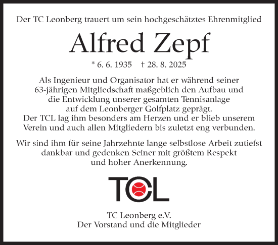 Traueranzeige von Alfred Zepf von Leonberger Kreiszeitung / Strohgäu Extra