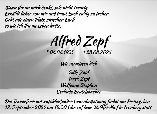 Traueranzeige von Alfred Zepf von Leonberger Kreiszeitung / Strohgäu Extra