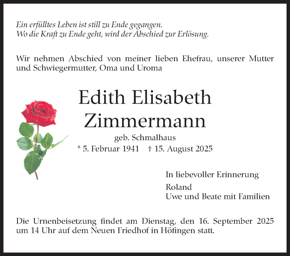  Traueranzeige für Edith Elisabeth Zimmermann vom 08.09.2025 aus Leonberger Kreiszeitung / Strohgäu Extra