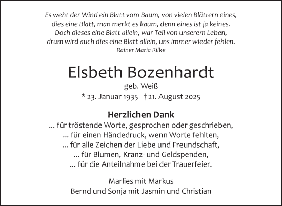 Traueranzeige von Elsbeth Bozenhardt von Leonberger Kreiszeitung / Strohgäu Extra