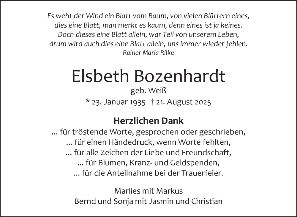  Traueranzeige für Elsbeth Bozenhardt vom 15.09.2025 aus Leonberger Kreiszeitung / Strohgäu Extra