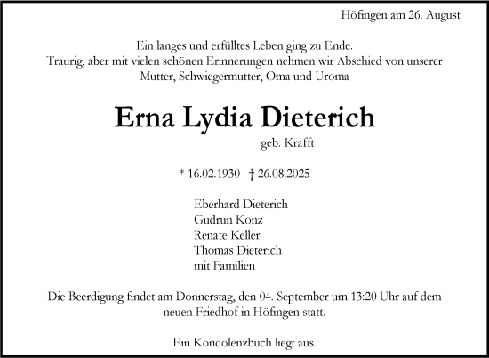 Traueranzeige von Erna Lydia Dieterich von Leonberger Kreiszeitung / Strohgäu Extra