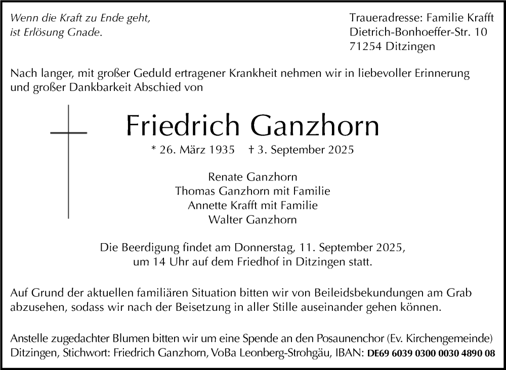  Traueranzeige für Friedrich Ganzhorn vom 09.09.2025 aus Leonberger Kreiszeitung / Strohgäu Extra