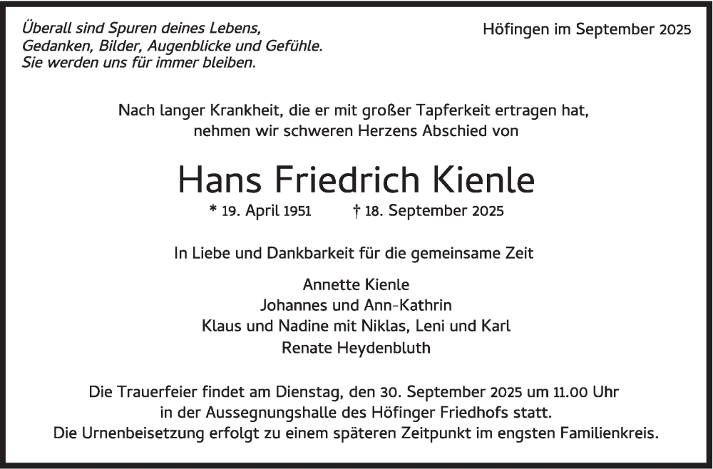  Traueranzeige für Hans Friedrich Kienle vom 25.09.2025 aus Leonberger Kreiszeitung / Strohgäu Extra