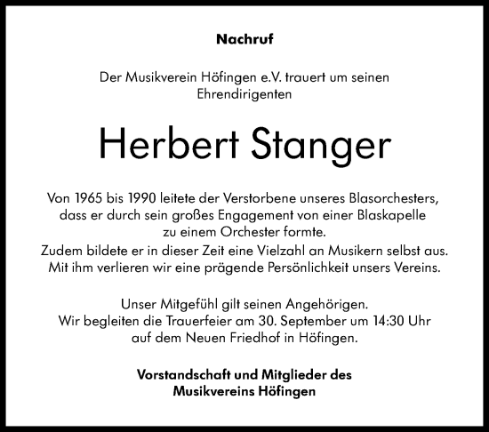 Traueranzeige von Herbert Stanger von Leonberger Kreiszeitung / Strohgäu Extra