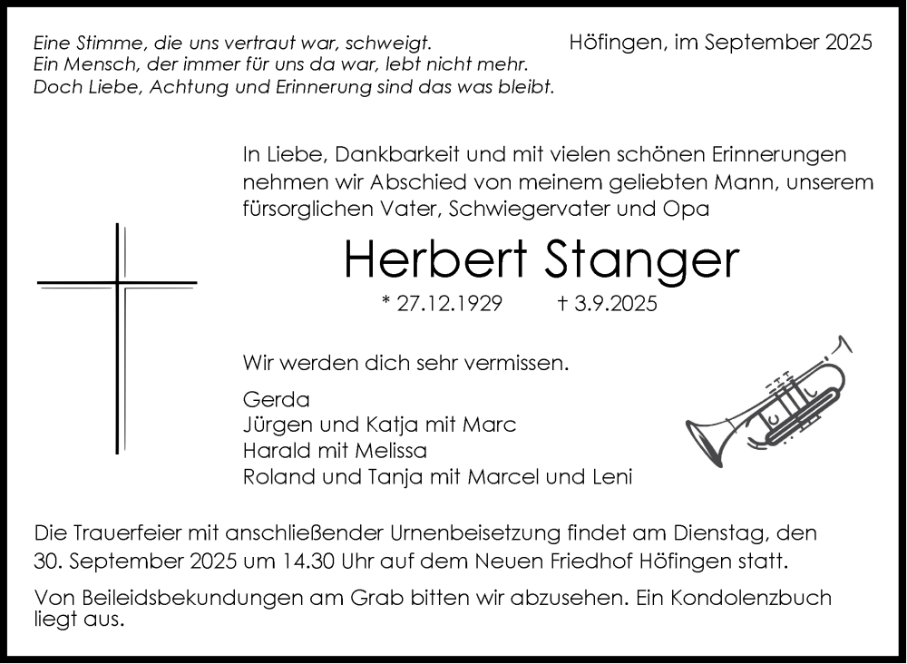  Traueranzeige für Herbert Stanger vom 22.09.2025 aus Leonberger Kreiszeitung / Strohgäu Extra