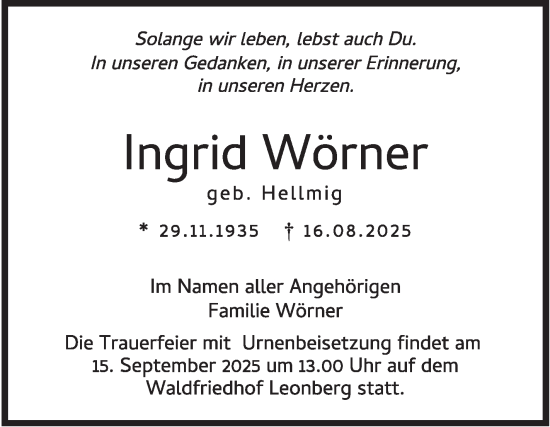Traueranzeige von Ingrid Wörner von Leonberger Kreiszeitung / Strohgäu Extra