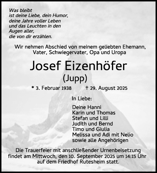 Traueranzeige von Josef Eizenhöfer von Leonberger Kreiszeitung / Strohgäu Extra