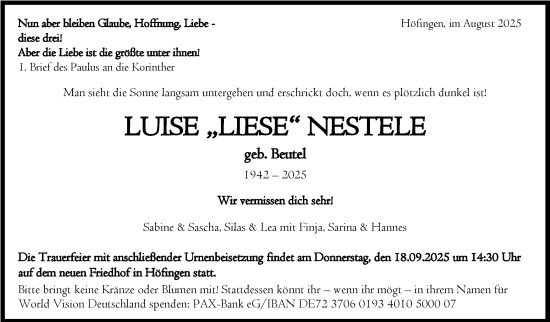 Traueranzeige von Luise Nestele von Leonberger Kreiszeitung / Strohgäu Extra