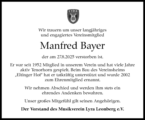 Traueranzeige von Manfred Bayer von Leonberger Kreiszeitung / Strohgäu Extra