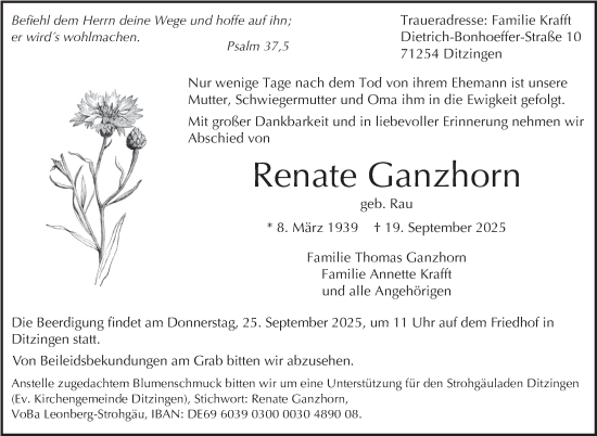 Traueranzeige von Renate Ganzhorn von Leonberger Kreiszeitung / Strohgäu Extra