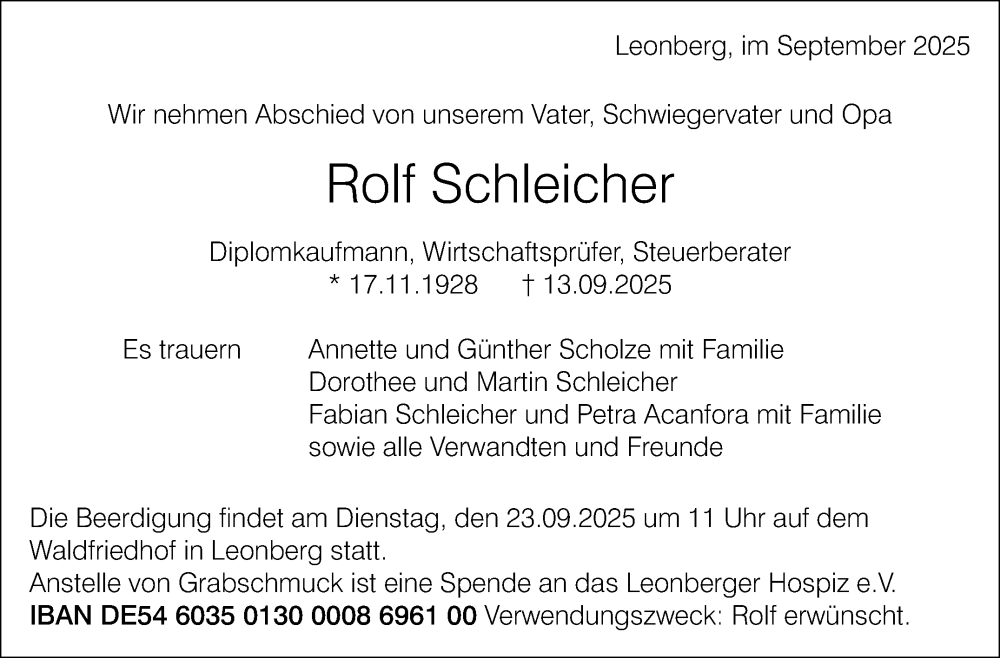  Traueranzeige für Rolf Schleicher vom 18.09.2025 aus Leonberger Kreiszeitung / Strohgäu Extra