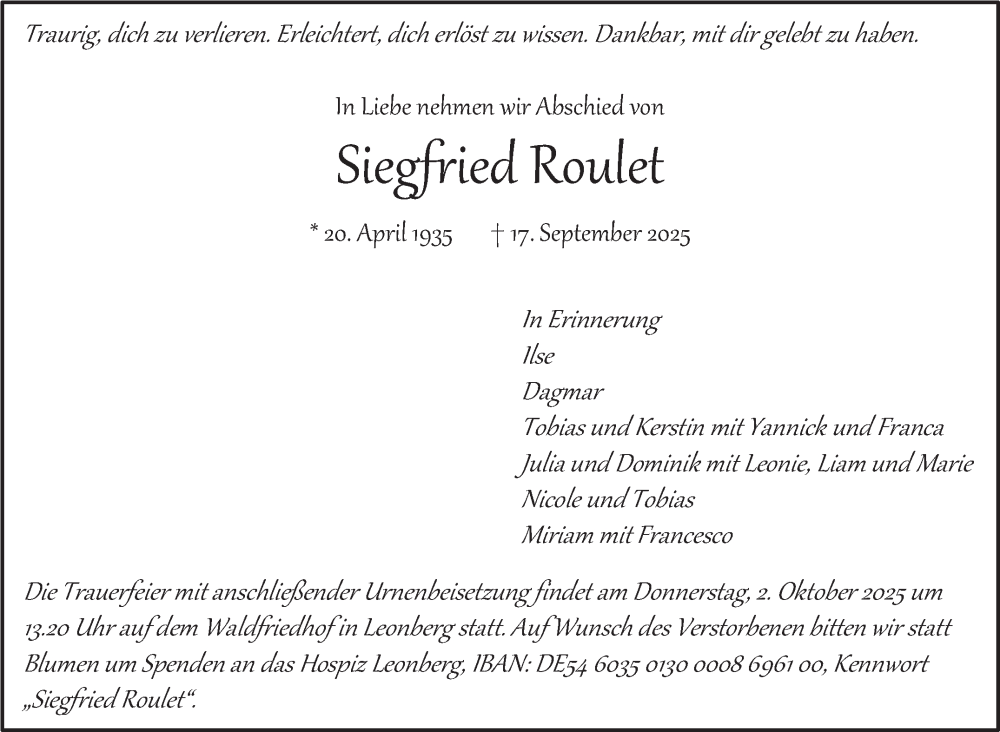  Traueranzeige für Siegfried Roulet vom 27.09.2025 aus Leonberger Kreiszeitung / Strohgäu Extra