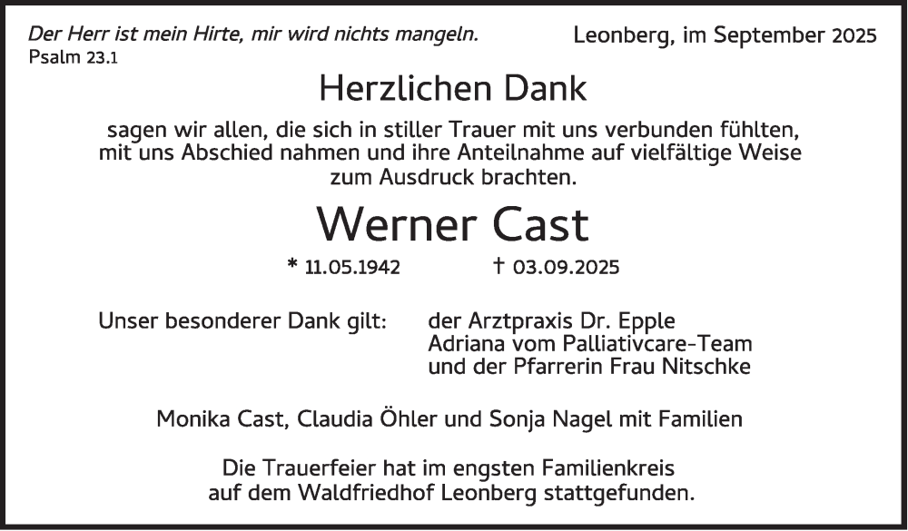  Traueranzeige für Werner Cast vom 19.09.2025 aus Leonberger Kreiszeitung / Strohgäu Extra